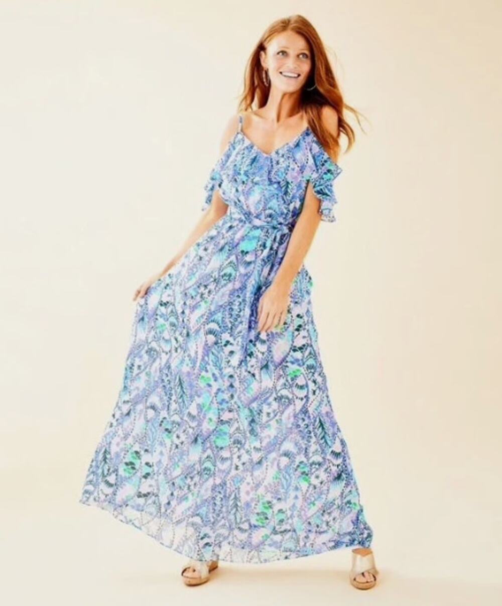 Lilly Pulitzer Zadi Tails Of The Sea Cold Shoulder Chifon Maxi Dress Sz M